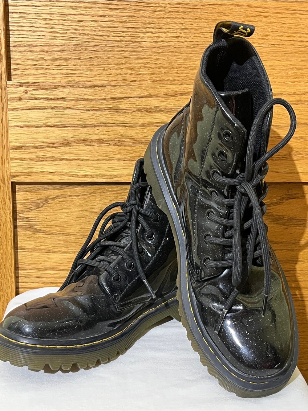 Dr. Martens Black Gloss Combat Boots with Subtle Speckle